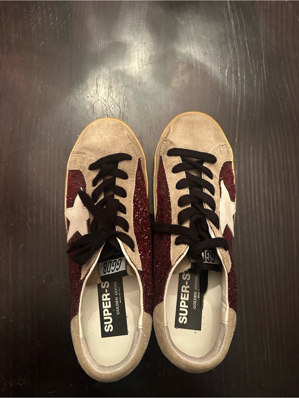 Golden Goose Super-Star Sneakers in Burgundy Glitter and Cream LIMITED EDITION